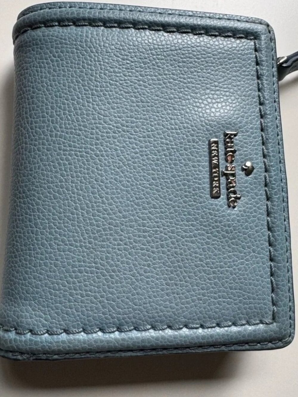Kate Spade New York Teal Blue Pebbled Leather Bifold Wallet Zip Coin Pocket